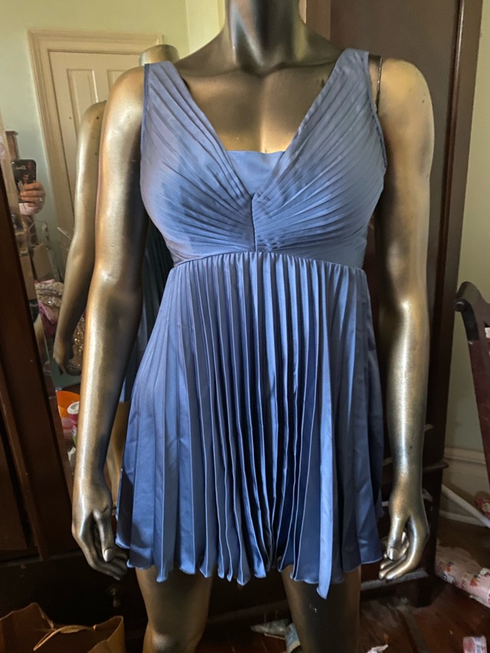 Light Blue Pleated Mini Dress with Square Neckline